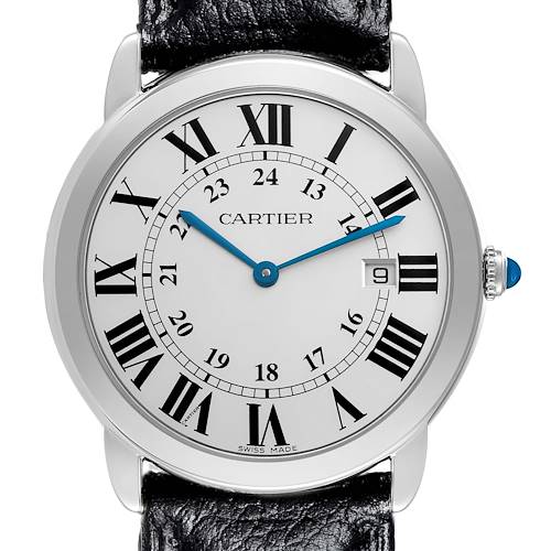 The Cartier Ronde W6700255 Men's Stainless Steel Silver Dial W6700255 Men's Stainless Steel Silver Dial watch is shown from the front, highlighting the dial, Roman numerals, blue hands, and black leather strap.