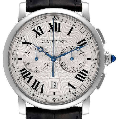 The image shows a front view of the Cartier Rotonde WSRO0002 Men's Stainless Steel Silver Dial WSRO0002 Men's Stainless Steel Silver Dial watch, highlighting its face, bezel, and crown with a blue stone.
