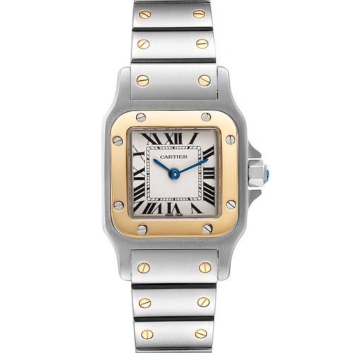 This image shows the front view of a Cartier Santos W20012C4 Women's Steel and Gold (two tone) Silver Dial W20012C4 Women's Steel and Gold (two tone) Silver Dial watch, highlighting its dial, bezel, and bracelet with visible screws.