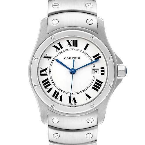 The Cartier Santos 1561 Women's Stainless Steel Silver Dial 1561 Women's Stainless Steel Silver Dial watch is shown from the front, displaying the face with Roman numerals, blue hands, crown, and part of the stainless steel band.