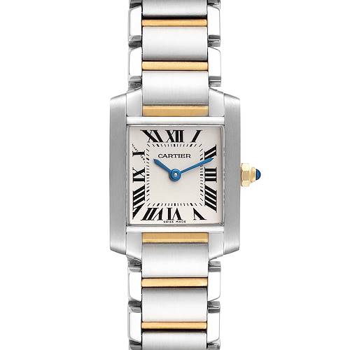 The Cartier Tank Francaise W51007Q4 Women's Steel and Gold (two tone) Silver Dial W51007Q4 Women's Steel and Gold (two tone) Silver Dial watch is shown from a front angle, displaying its rectangular dial and bi-metal bracelet.