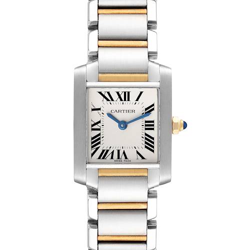 The image shows a front view of a Cartier Tank Francaise W51007Q4 Women's Steel and Gold (two tone) Silver Dial W51007Q4 Women's Steel and Gold (two tone) Silver Dial watch, displaying the face, bracelet, and crown.