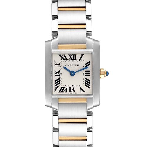 The image shows a front view of the Cartier Tank Française watch, highlighting the silver and gold bracelet, dial, and crown with a blue stone.