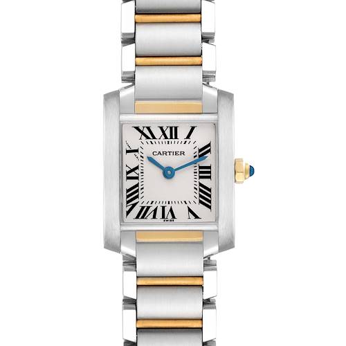 The Cartier Tank Française watch is shown from a frontal angle, displaying the face, Roman numerals, and part of the metal bracelet.