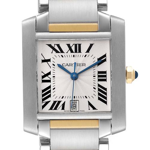 The image shows a front view of the Cartier Tank Francaise W51005Q4 Men's Steel and Gold (two tone) Silver Dial W51005Q4 Men's Steel and Gold (two tone) Silver Dial watch, highlighting the dial, Roman numerals, blue hands, and part of the bracelet.