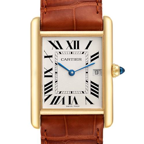The image shows a front view of the Cartier Tank Louis W1529756 Men's Yellow Gold Silver Dial W1529756 Men's Yellow Gold Silver Dial watch, displaying the dial, case, brown leather strap, and crown.