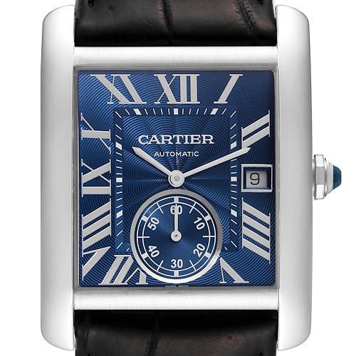 This is a close-up, front-facing view of a Cartier Tank MC WSTA0010 Men's Stainless Steel Blue Dial WSTA0010 Men's Stainless Steel Blue Dial watch displaying its rectangular blue dial, Roman numerals, and small seconds sub-dial.