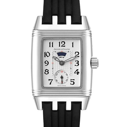 This Jaeger LeCoultre Reverso 296.8.74 Women's Stainless Steel Silver Dial 296.8.74 Women's Stainless Steel Silver Dial watch is shown from a front angle, highlighting the face, numerals, sub-dial, and crown.