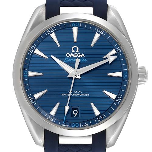 The Omega Aqua Terra 220.12.41.21.03.002 Men's Stainless Steel Blue Dial 220.12.41.21.03.002 Men's Stainless Steel Blue Dial watch is shown from the front, displaying the dial, hands, bezel, crown, and part of the strap.