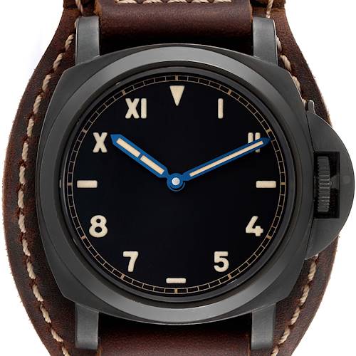 The image shows a frontal view of a Panerai Luminor PAM00779 Men's Titanium Black Dial PAM00779 Men's Titanium Black Dial watch, highlighting its dial, case, and brown leather strap.