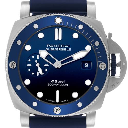 The image shows a frontal view of the Panerai Submersible PAM01289 Men's Stainless Steel Blue Dial PAM01289 Men's Stainless Steel Blue Dial watch, highlighting the bezel, dial, and crown guard.