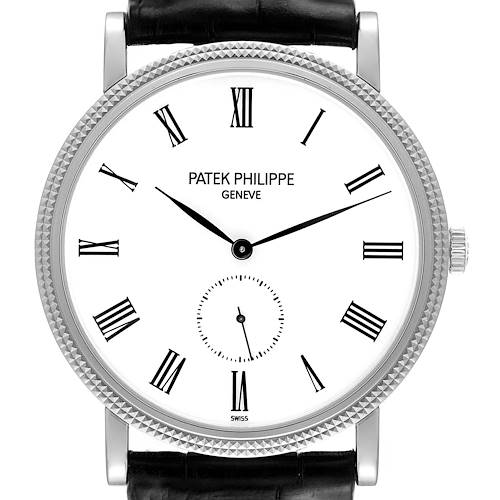 This image shows a close-up, frontal view of a Patek Philippe Calatrava 5119G Men's White Gold White Dial 5119G Men's White Gold White Dial watch, highlighting the face, bezel, and crown.