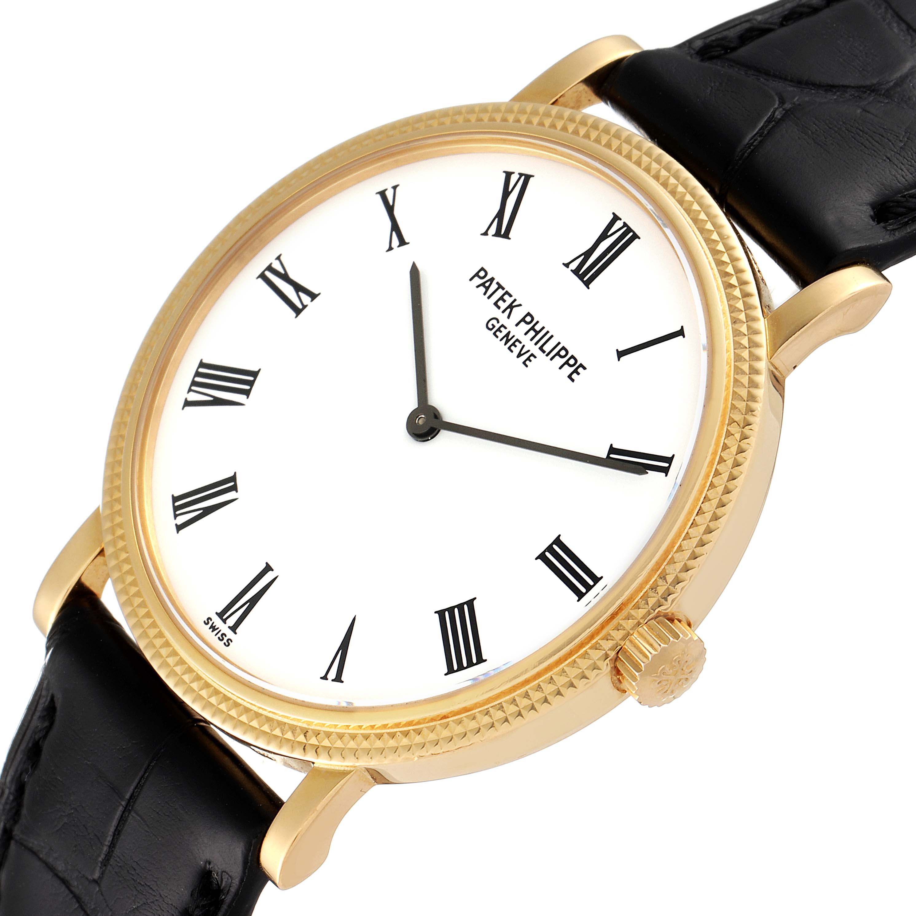 The image shows a close-up angle of the Patek Philippe Calatrava 5120J Men's Yellow Gold White Dial 5120J Men's Yellow Gold White Dial watch, focusing on the dial, case, crown, and leather strap.