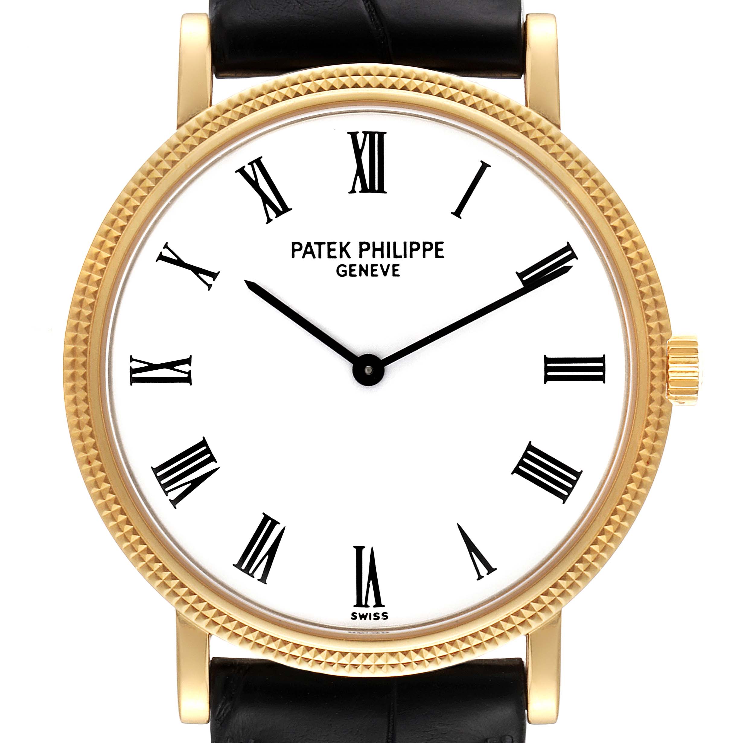 This image shows a front view of the Patek Philippe Calatrava 5120J Men's Yellow Gold White Dial 5120J Men's Yellow Gold White Dial watch, featuring its dial, hands, crown, and part of the leather strap.