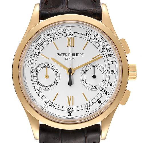The image shows a front view of a Patek Philippe Complications 5170J Men's Yellow Gold Silver Dial 5170J Men's Yellow Gold Silver Dial model watch, displaying its face, bezel, and crown.
