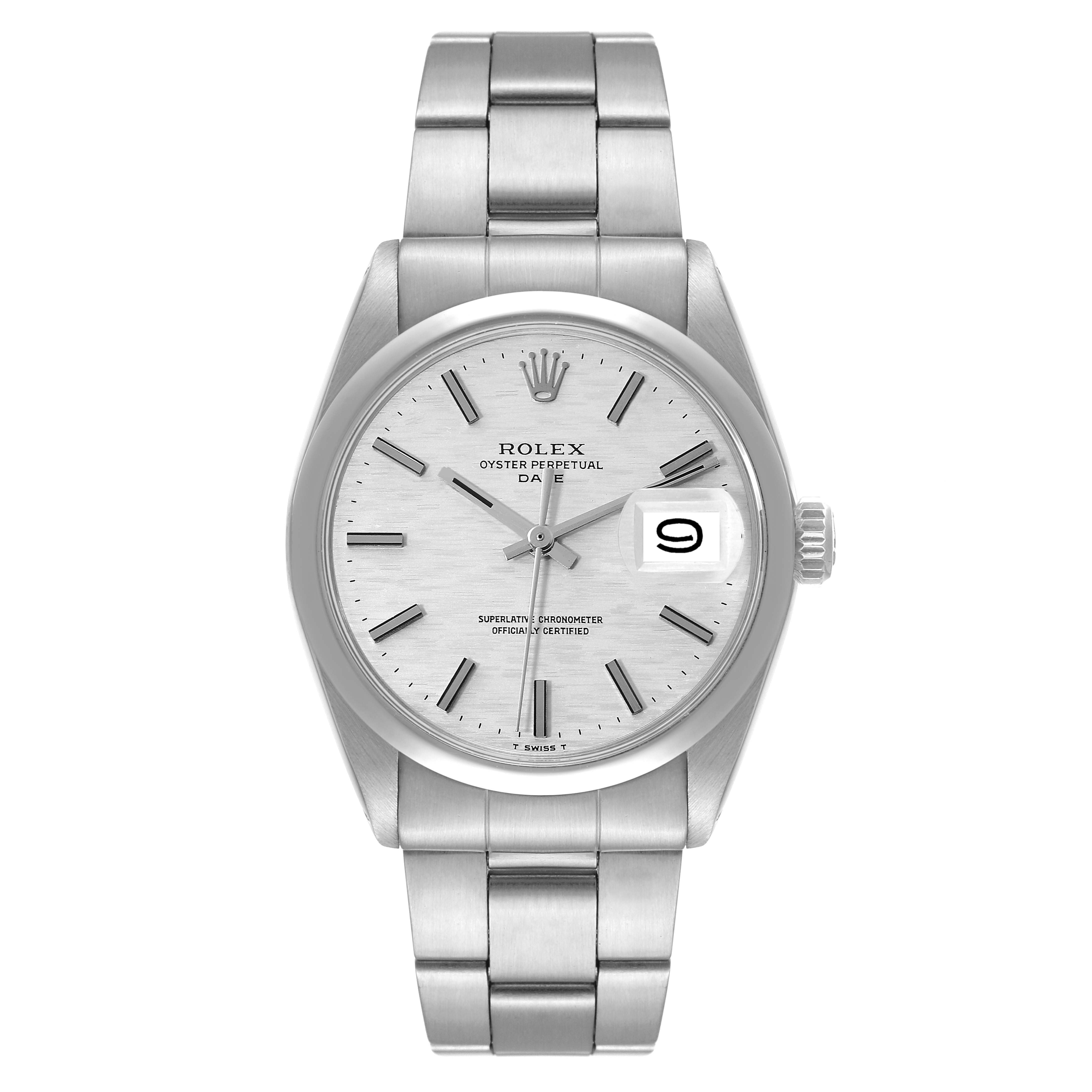 The image shows a front view of a Rolex Date 1500 Men's Stainless Steel Silver Dial 1500 Men's Stainless Steel Silver Dial model watch, including its dial, bracelet, and crown.