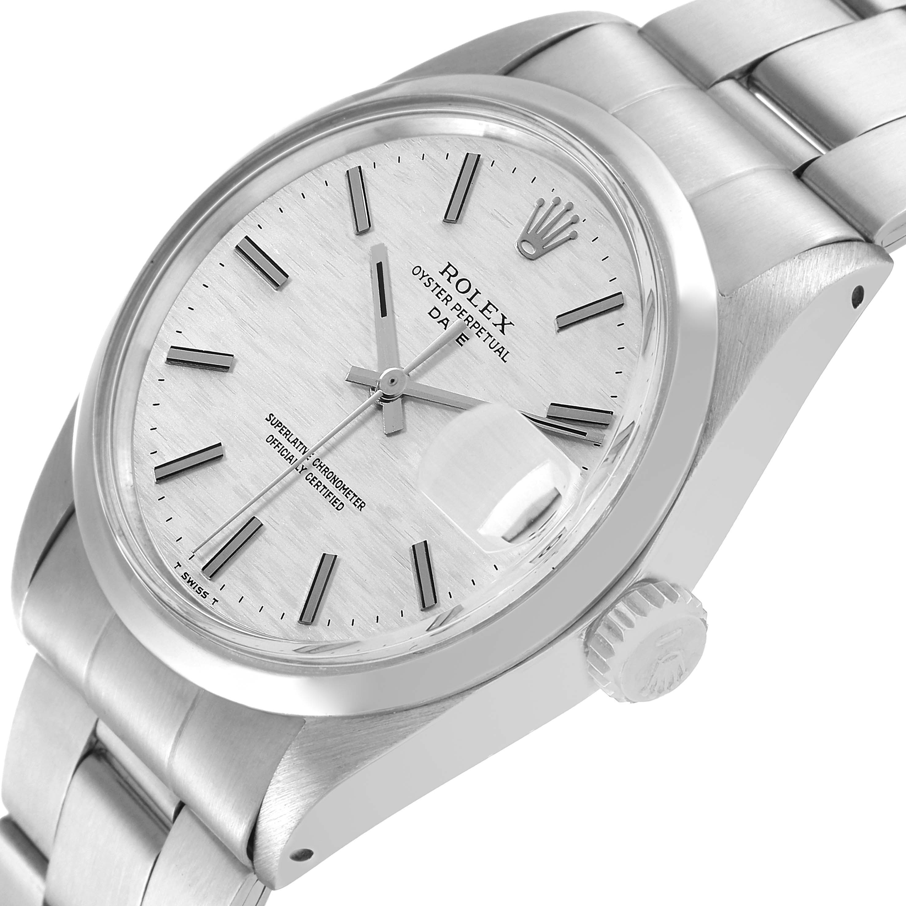 This image shows a close-up angle of the Rolex Date 1500 Men's Stainless Steel Silver Dial 1500 Men's Stainless Steel Silver Dial model watch, highlighting the dial, crown, and part of the bracelet.