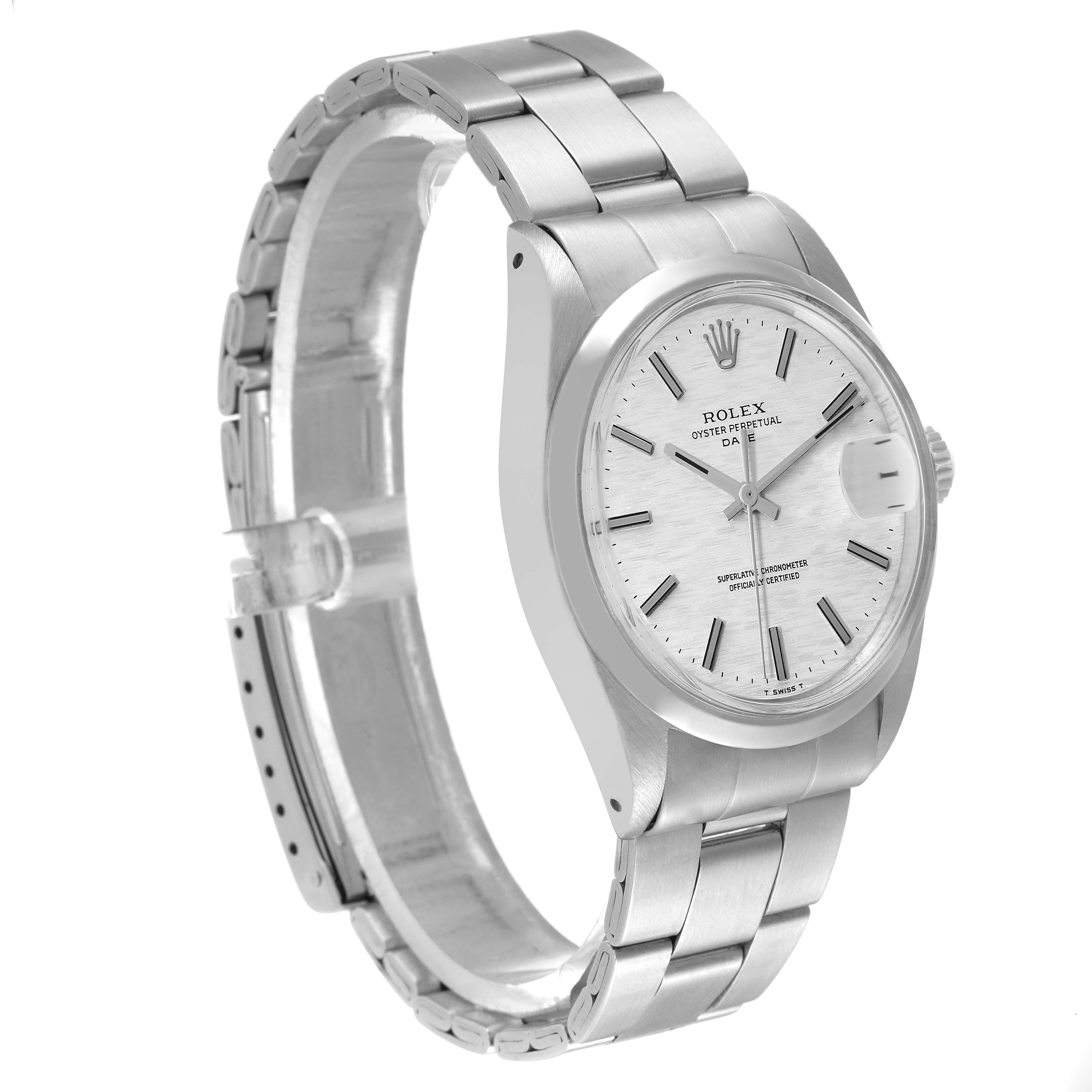 The image shows a Rolex Date 1500 Men's Stainless Steel Silver Dial 1500 Men's Stainless Steel Silver Dial model watch at a slight side angle, displaying its dial, case, and bracelet.