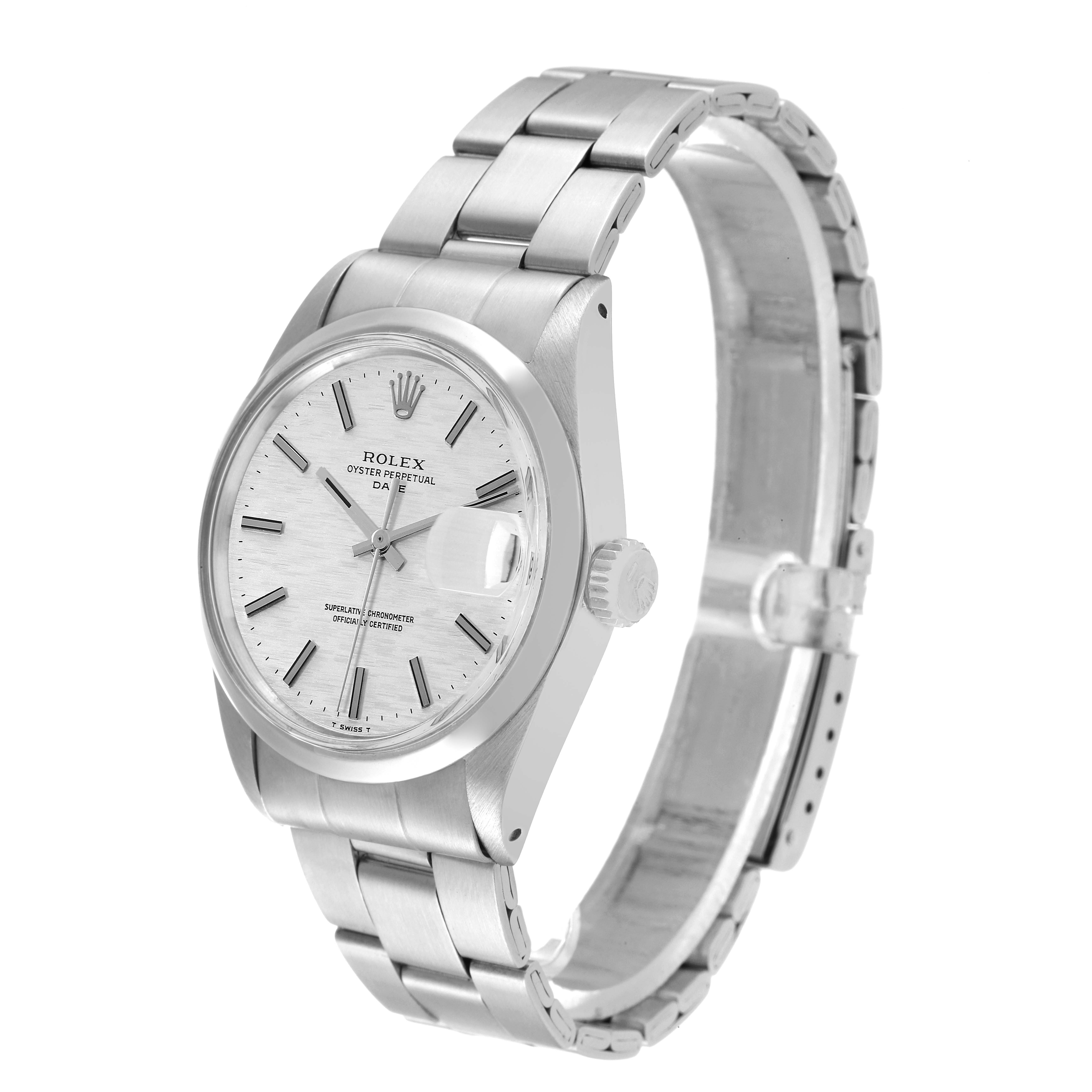 This image shows a Rolex Date 1500 Men's Stainless Steel Silver Dial 1500 Men's Stainless Steel Silver Dial model watch at a slight angle, highlighting its face, crown, and bracelet.