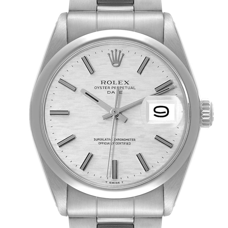 This image shows a front view of the Rolex Oyster Perpetual Date model, highlighting the dial, hands, date window, and bracelet.