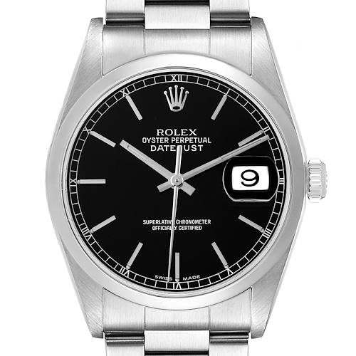 The Rolex Datejust 16200 Men's Stainless Steel Black Dial 16200 Men's Stainless Steel Black Dial watch is shown from a front angle, highlighting the dial, bezel, and bracelet.