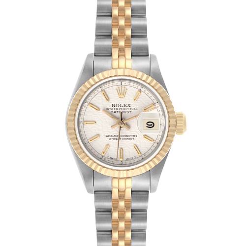 The Datejust by Rolex is shown from a front view, featuring the dial, bezel, and bracelet.