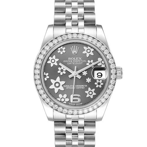 The image shows a front view of a Mid-Size Rolex Oyster Perpetual Datejust watch, highlighting its dial, bezel, and bracelet.