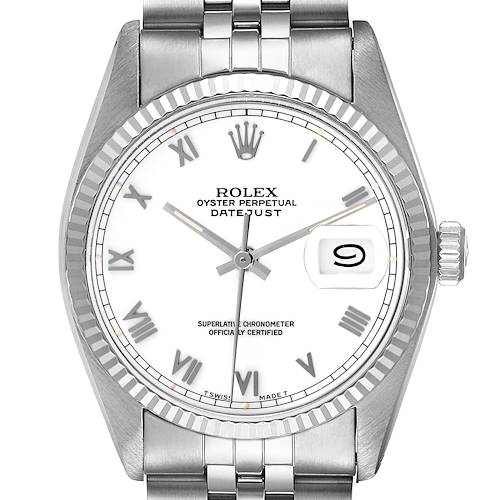 The Rolex Datejust 16014 Men's Stainless Steel White Dial 16014 Men's Stainless Steel White Dial watch is shown from a front angle, highlighting the dial, bezel, bracelet, and crown.