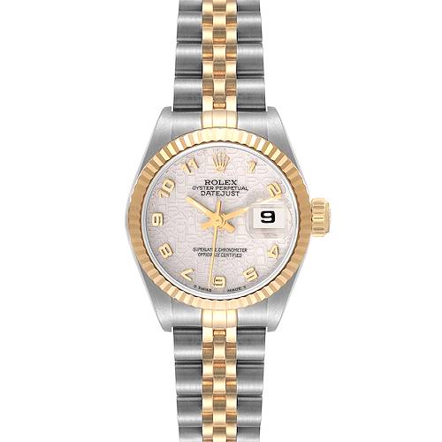 This image shows a full frontal view of the Rolex Datejust 69173 Women's Steel and Gold (two tone) Beige Dial 69173 Women's Steel and Gold (two tone) Beige Dial watch, including the face, case, bezel, and bracelet.