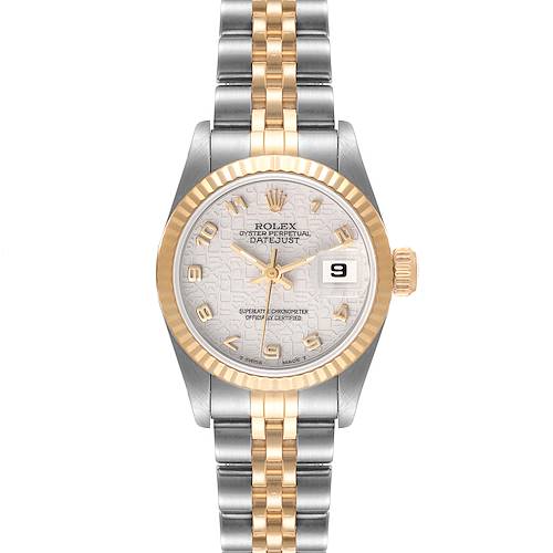 This image shows a Rolex Datejust 69173 Women's Steel and Gold (two tone) Beige Dial 69173 Women's Steel and Gold (two tone) Beige Dial watch from the front, featuring its dial, bezel, and two-tone bracelet.