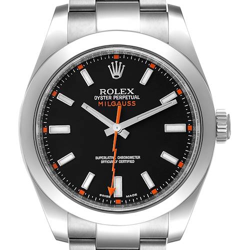 The image shows a front view of the Rolex Milgauss 116400 Men's Stainless Steel Black Dial 116400 Men's Stainless Steel Black Dial watch, displaying the dial, hands, crown, and part of the bracelet.
