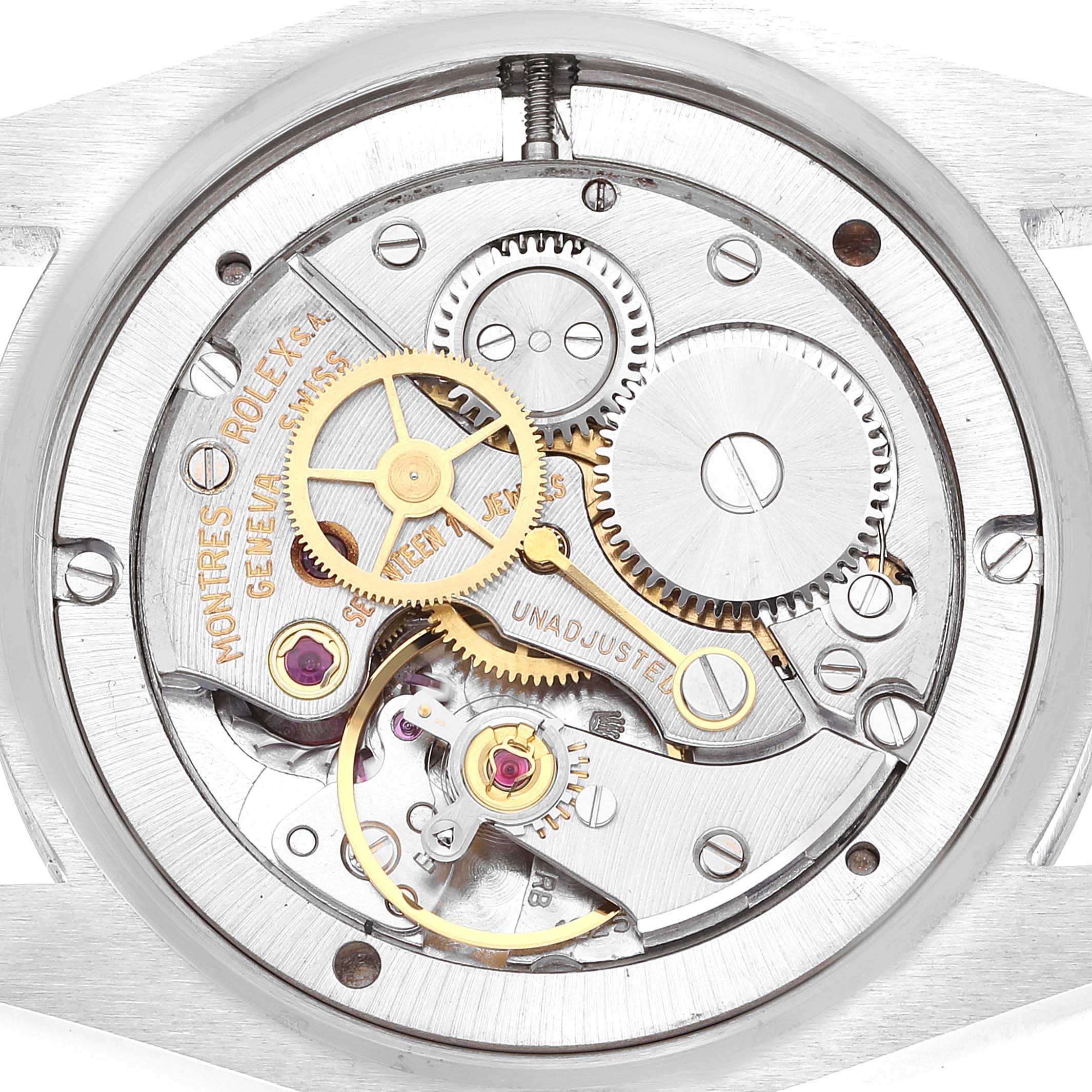 This image shows the internal movement components of a Rolex Date 6694 Men's Stainless Steel Silver Dial 6694 Men's Stainless Steel Silver Dial model watch viewed from the back.