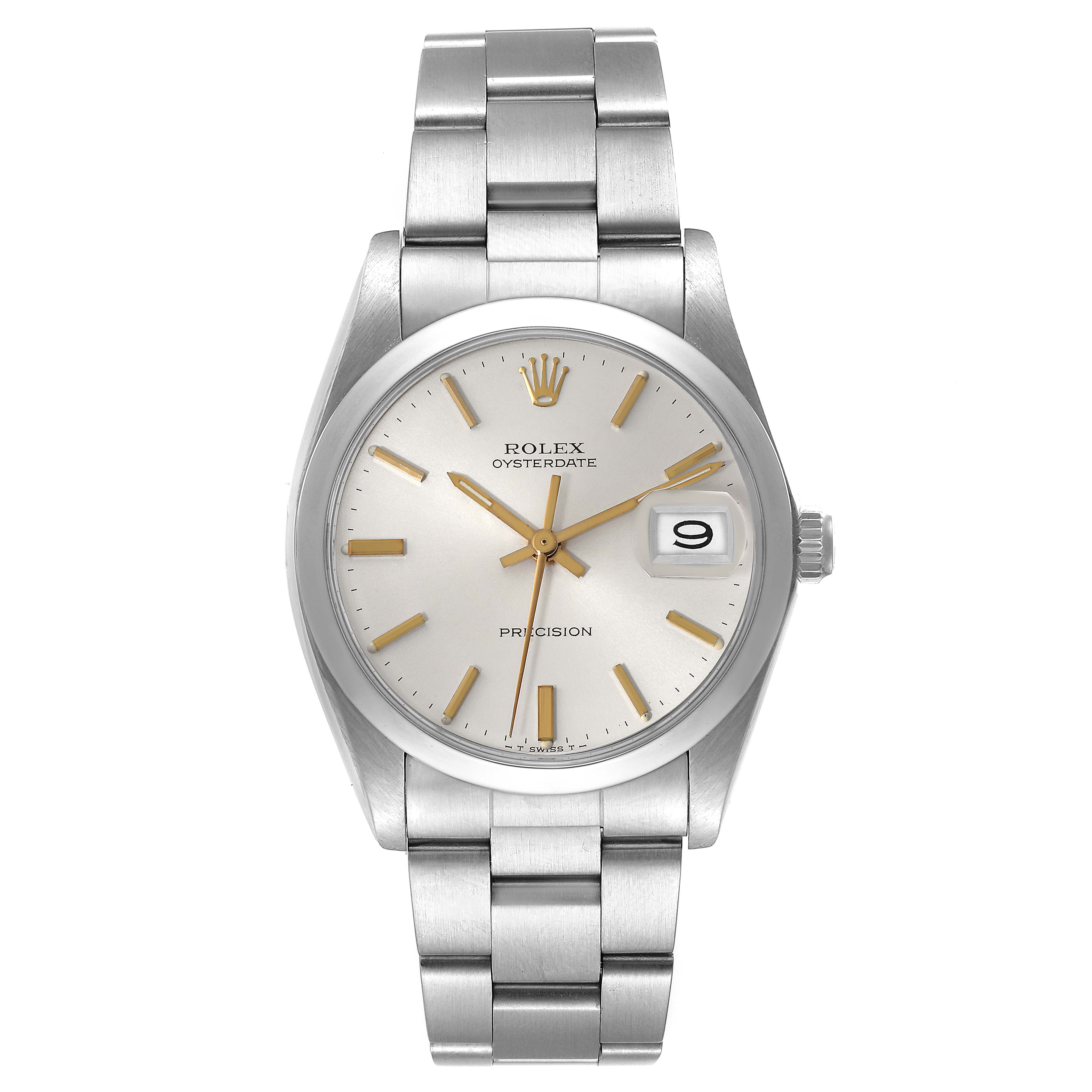 The image shows a Rolex Oysterdate Precision watch, front view with the dial, hands, date window, and bracelet.