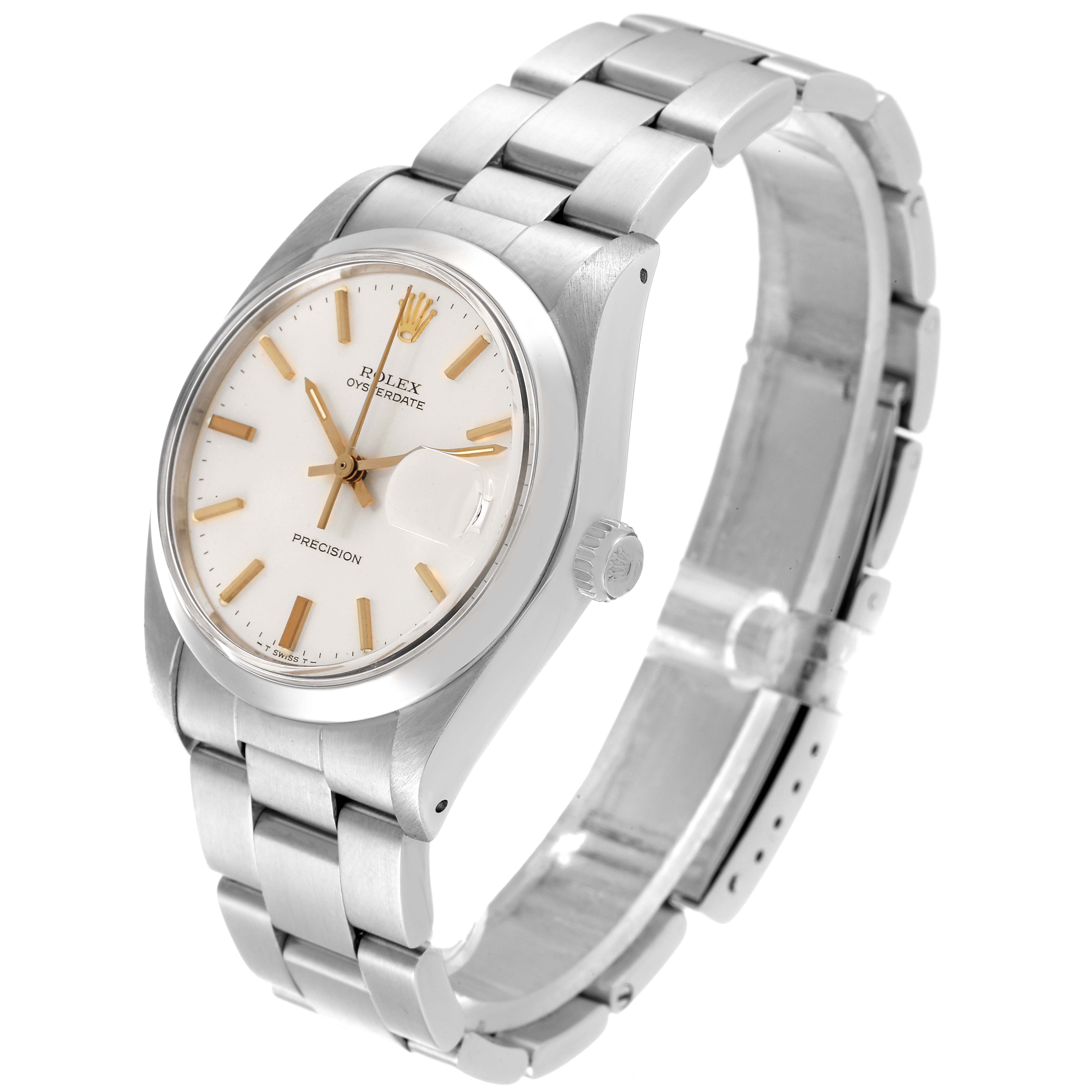 The image shows a side view of the Rolex Date 6694 Men's Stainless Steel Silver Dial 6694 Men's Stainless Steel Silver Dial model watch, highlighting the dial, crown, and stainless steel bracelet.