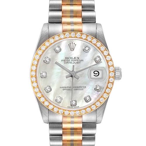 This image shows the Rolex President 68289 Women's Steel and Gold (two tone) Mother of Pearl Dial 68289 Women's Steel and Gold (two tone) Mother of Pearl Dial model watch from the front, displaying its dial, bezel, case, and bracelet.