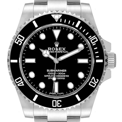 The image shows a front view of a Rolex Submariner 114060 Men's Stainless Steel Black Dial 114060 Men's Stainless Steel Black Dial watch, displaying the bezel, dial, hands, and part of the band.