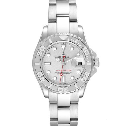 The image shows a frontal view of the Rolex Yacht-Master 169622 Women's Stainless Steel Silver Dial 169622 Women's Stainless Steel Silver Dial watch, displaying the face, bracelet, and bezel.