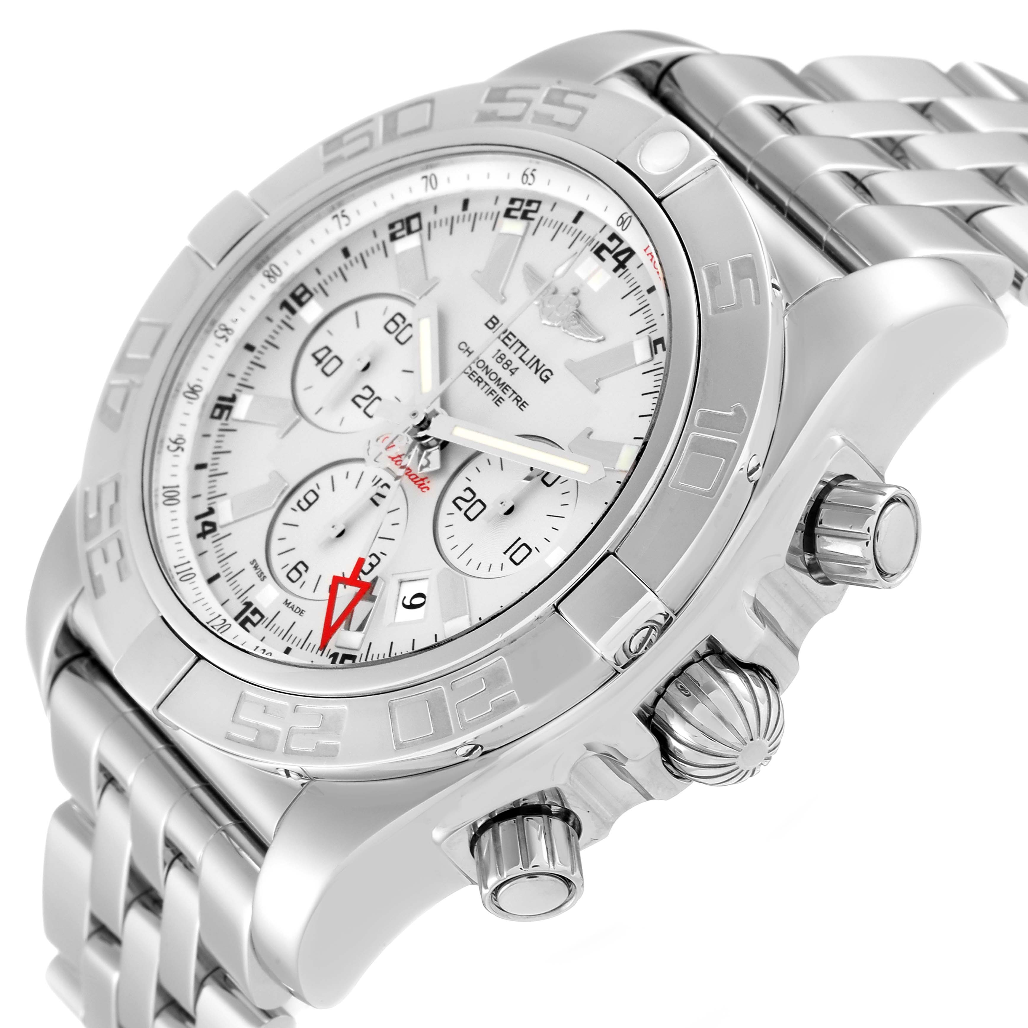 The image shows a Breitling Chronomat AB0410 Men's Stainless Steel Silver Dial AB0410 Men's Stainless Steel Silver Dial model watch angled to display the face, bezel, three subdials, crown, and part of the bracelet.