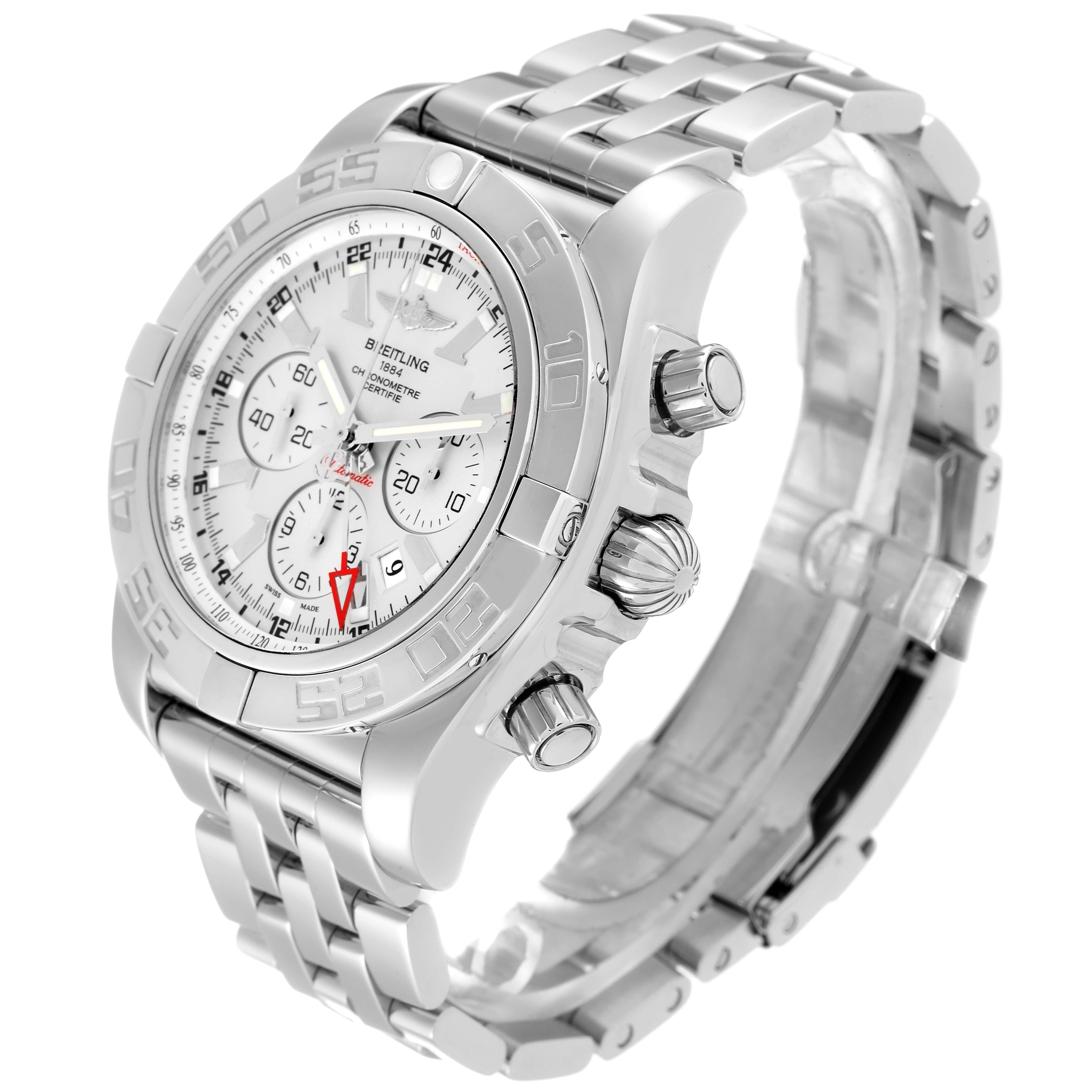 This image shows a Breitling Chronomat AB0410 Men's Stainless Steel Silver Dial AB0410 Men's Stainless Steel Silver Dial watch at a three-quarter angle highlighting the face, bezel, crown, and bracelet.