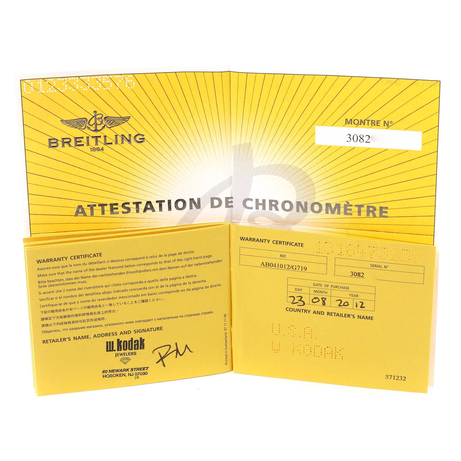 The image shows the warranty certificate and chronometer attestation for a Breitling Chronomat AB0410 Men's Stainless Steel Silver Dial AB0410 Men's Stainless Steel Silver Dial watch.