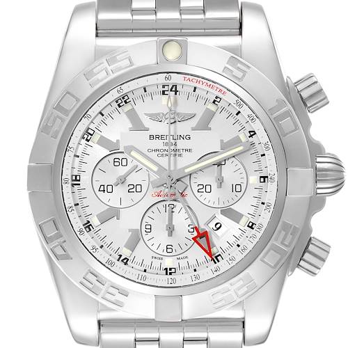 The Breitling Chronomat AB0410 Men's Stainless Steel Silver Dial AB0410 Men's Stainless Steel Silver Dial watch is shown from a front angle, displaying the face, bezel, and part of the bracelet.