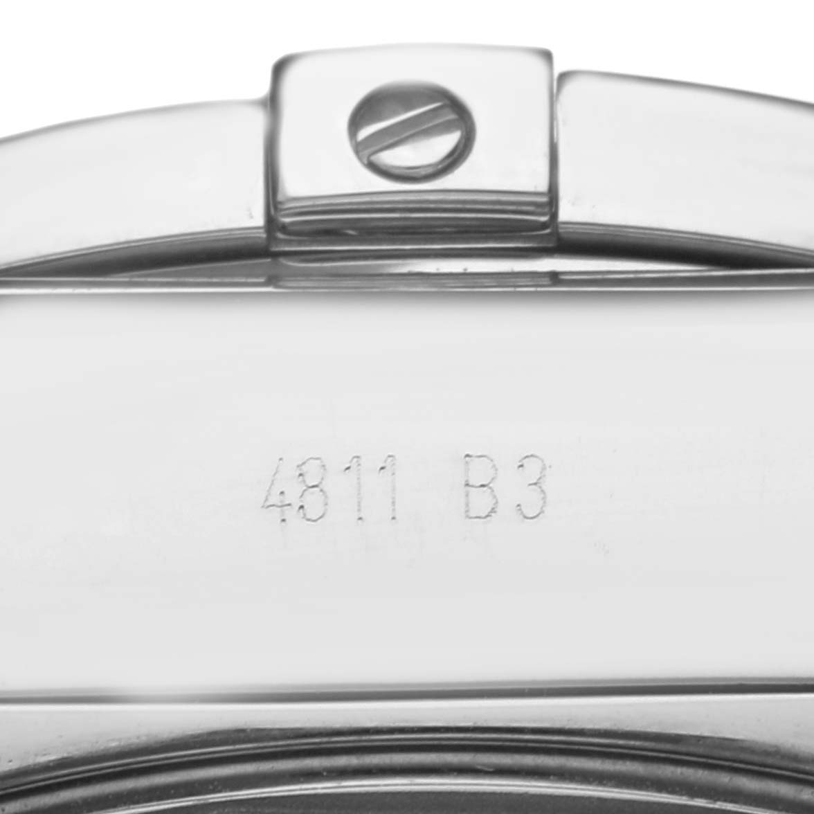 The image shows a close-up view of the clasp on a Breitling Chronomat AB0410 Men's Stainless Steel Silver Dial AB0410 Men's Stainless Steel Silver Dial watch, highlighting the engraved serial number.