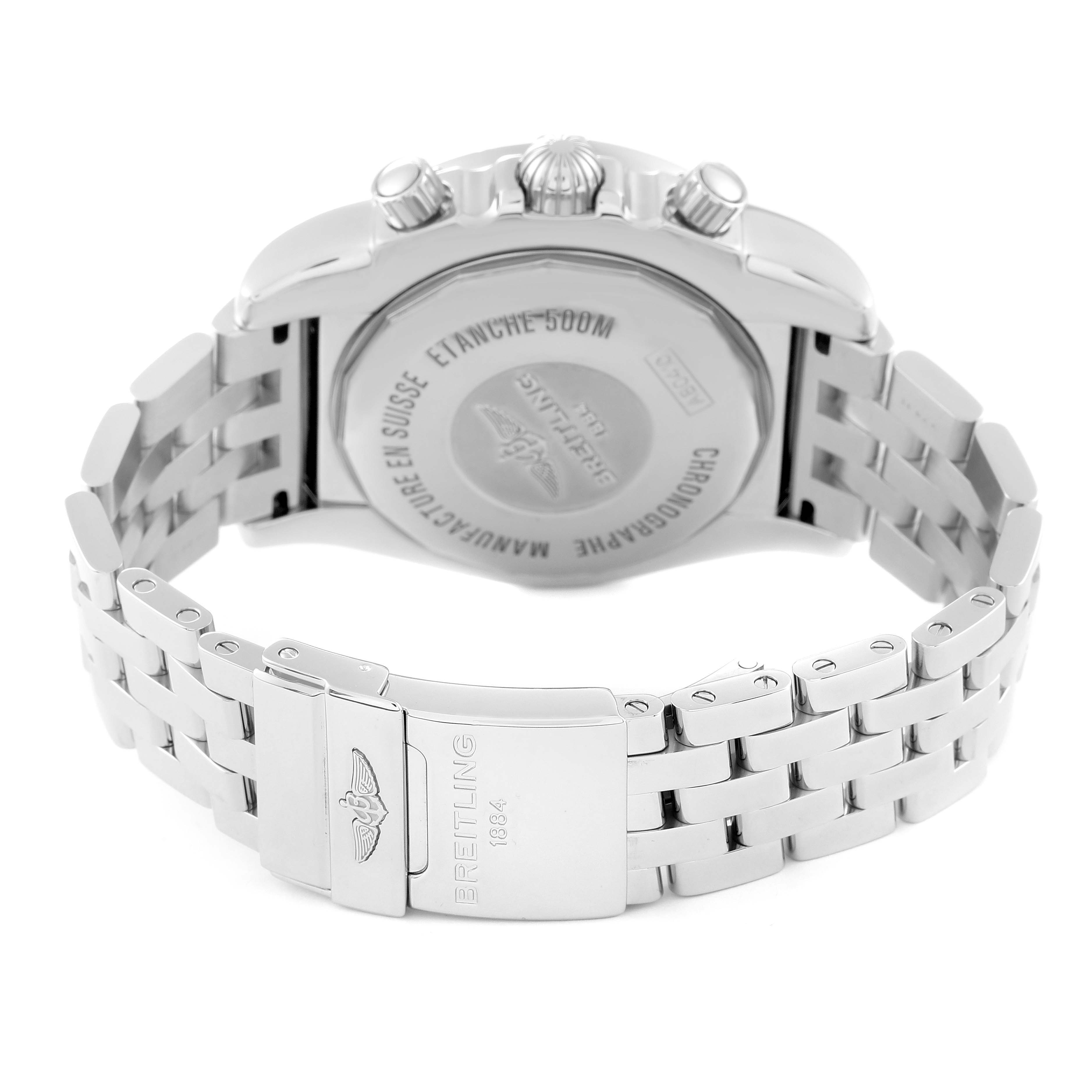 The image shows the back case and bracelet clasp of a Breitling Chronomat AB0410 Men's Stainless Steel Silver Dial AB0410 Men's Stainless Steel Silver Dial watch from a rear angle.