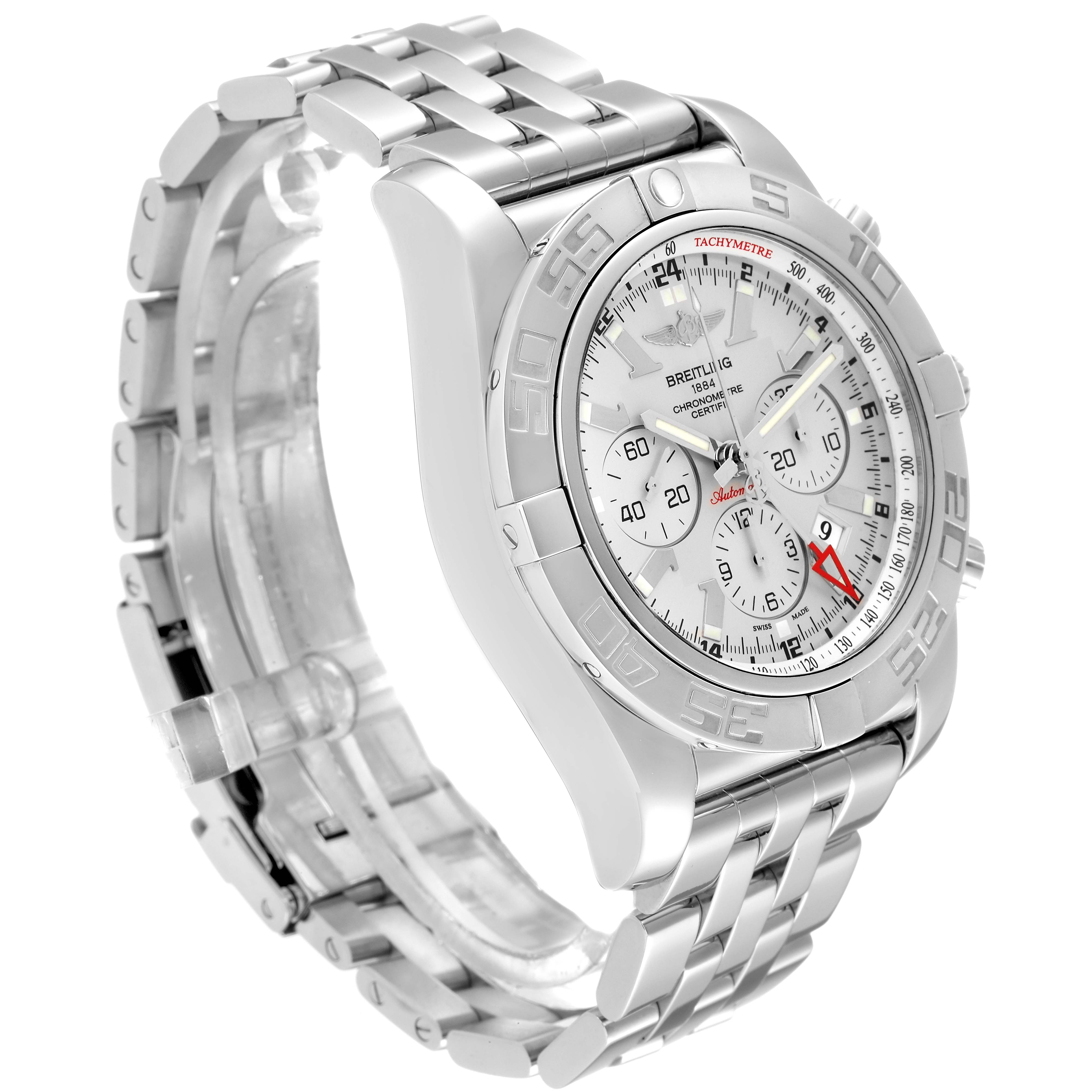 The image shows a Breitling Chronomat AB0410 Men's Stainless Steel Silver Dial AB0410 Men's Stainless Steel Silver Dial watch from an upper side angle, highlighting its dial, bezel, and bracelet.