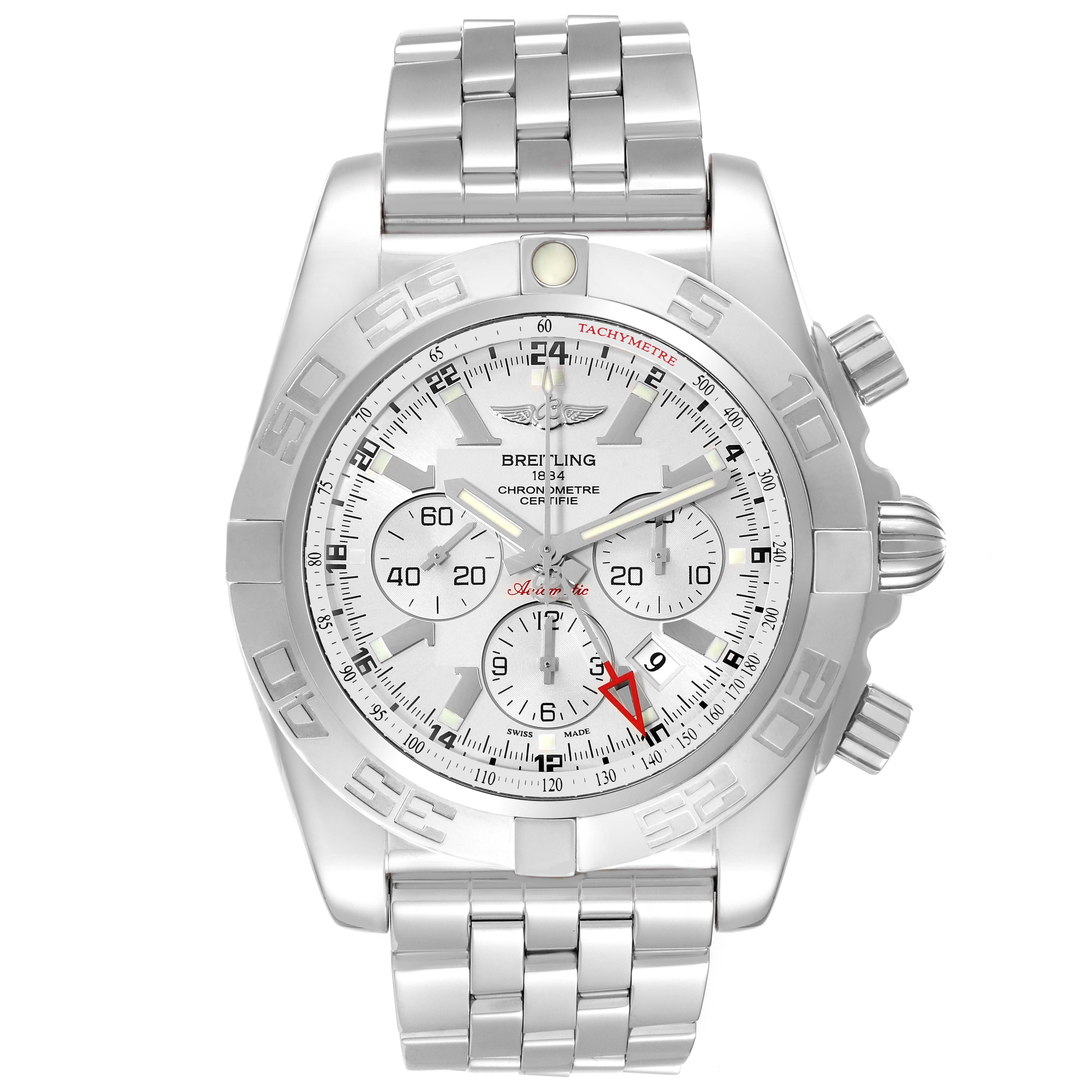 This image shows a Breitling Chronomat AB0410 Men's Stainless Steel Silver Dial AB0410 Men's Stainless Steel Silver Dial watch from a top-down view, displaying the face, bezel, and stainless steel bracelet.