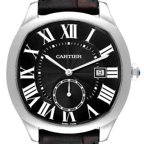 The image shows a front view of the Cartier Drive de Cartier WSNM0009 Men's Stainless Steel Black Dial WSNM0009 Men's Stainless Steel Black Dial watch, highlighting its face, Roman numerals, and date window.