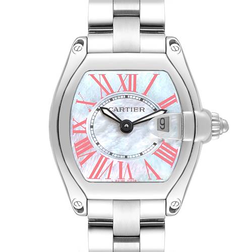 The image shows a front view of the Cartier Roadster W6206006 Women's Stainless Steel Mother of Pearl Dial W6206006 Women's Stainless Steel Mother of Pearl Dial watch, highlighting its dial, hands, date window, and part of the bracelet.