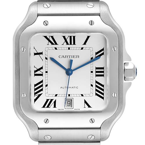 The image shows a close-up of the Cartier Santos WSSA0018 Men's Stainless Steel Silver Dial WSSA0018 Men's Stainless Steel Silver Dial watch face, highlighting the dial, Roman numerals, and part of the bracelet.