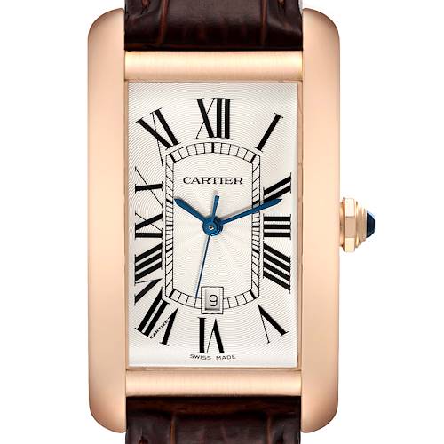 The image shows a close-up of a Cartier Tank Americaine W2609156 Men's Rose Gold Silver Dial W2609156 Men's Rose Gold Silver Dial watch, focusing on its face, bezel, and part of the leather strap.
