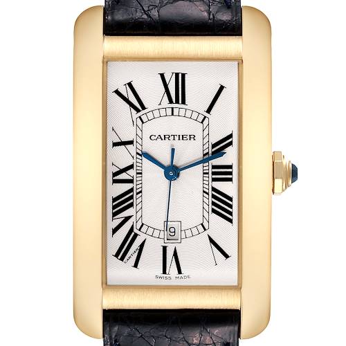 The image shows a front view of a Cartier Tank Américaine watch, highlighting its rectangular face, Roman numerals, and leather strap.